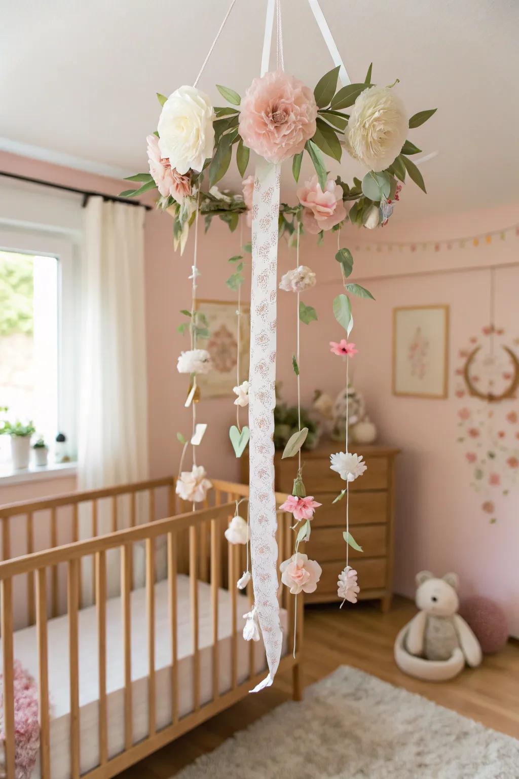 A floral ceiling mobile adds a whimsical touch.