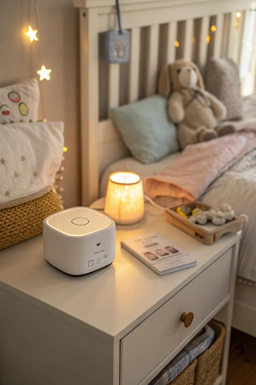 A white noise machine for a serene sleeping environment.