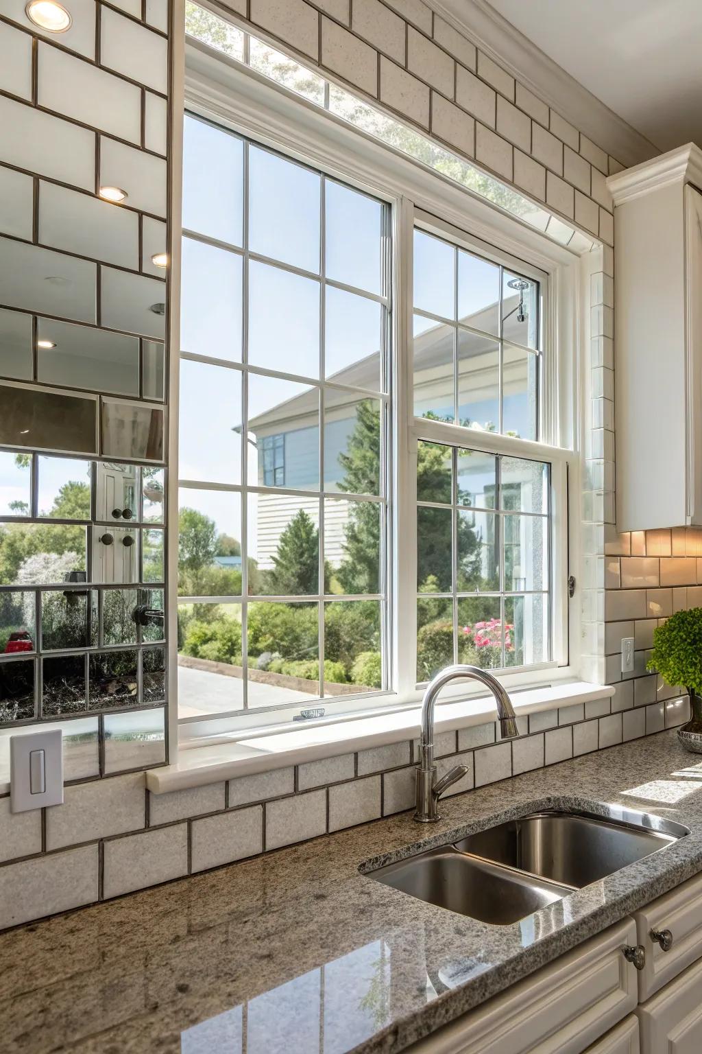 Mirror tiles expanding space around a kitchen window.
