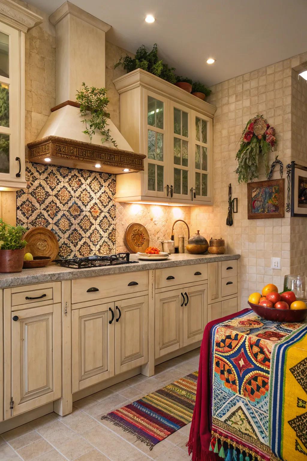 Mediterranean tiles bring a splash of color and culture to the kitchen.