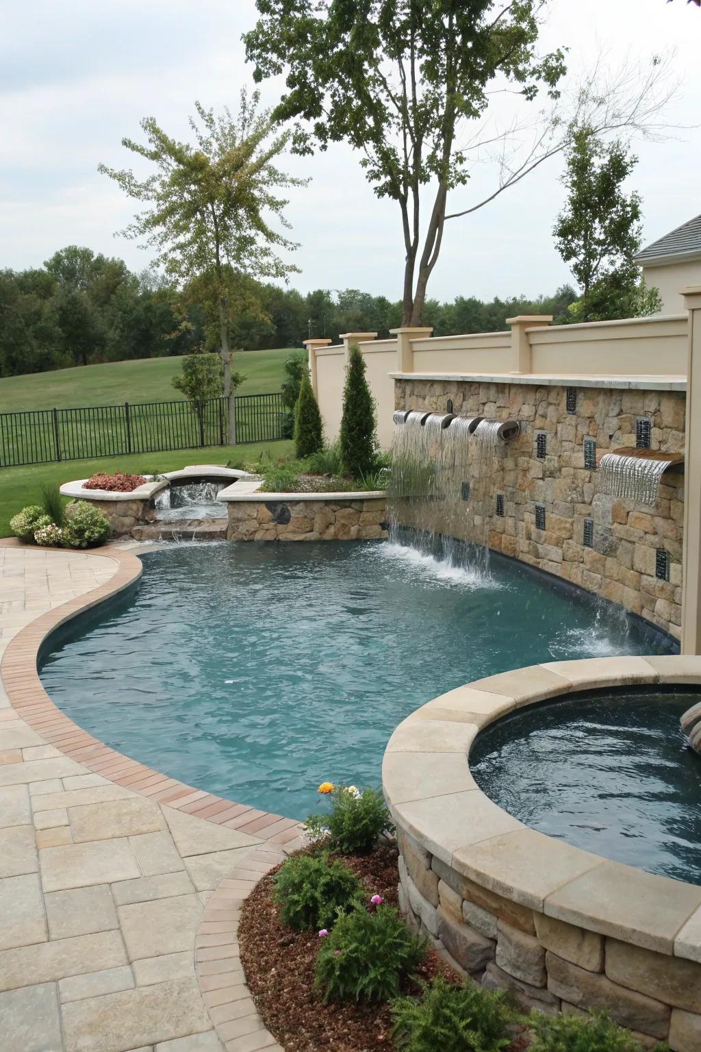 A water-feature wall adds drama and a soothing soundscape.