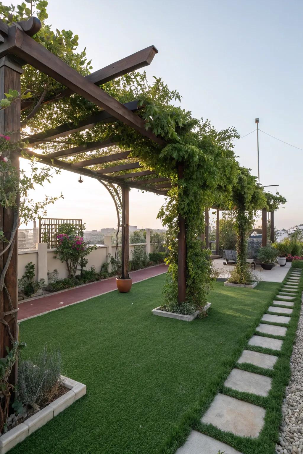 A shady pergola providing comfort over turf.