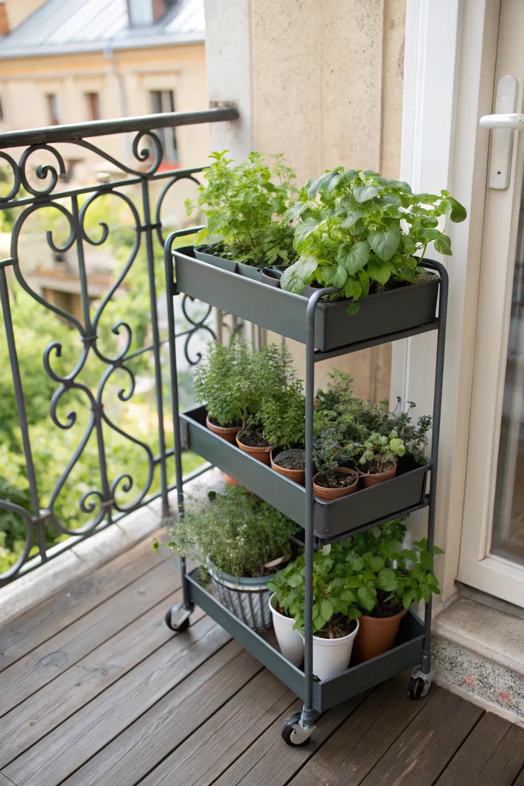 A rolling herb cart is both practical and stylish for small spaces.