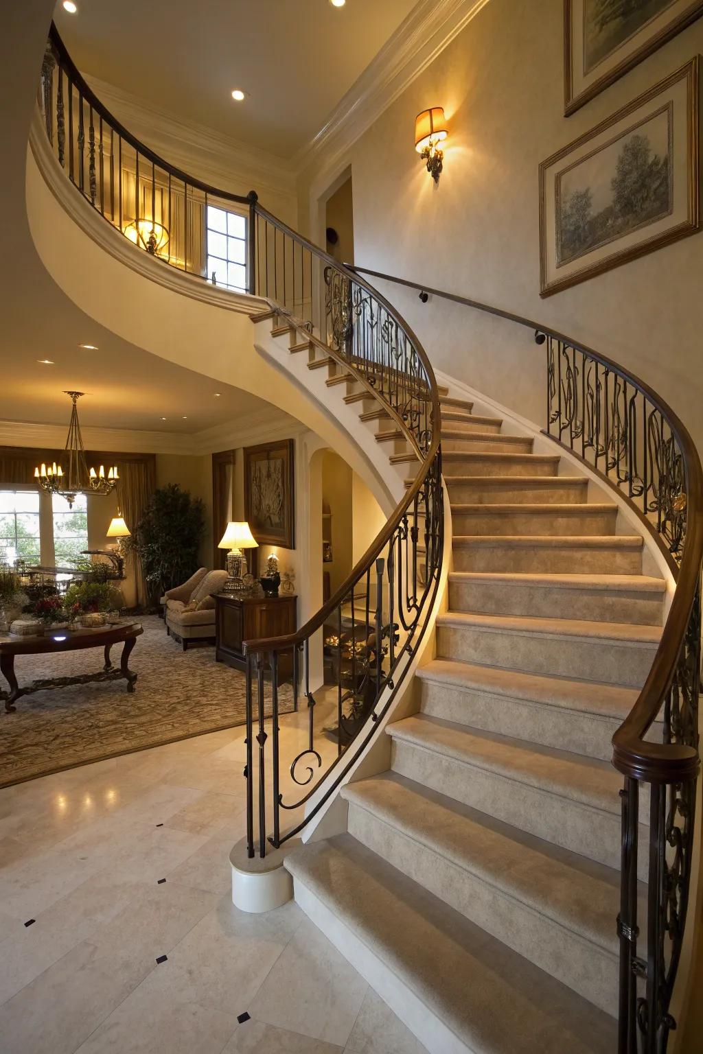 Dynamic elegance with a curved banister.