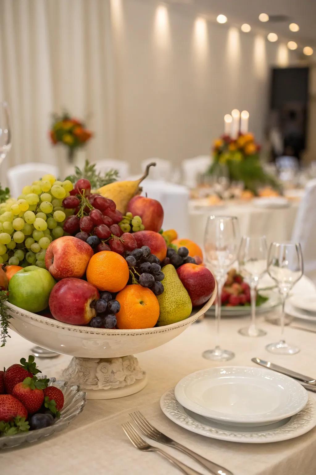 A colorful fruit display centerpiece brightening up the table.