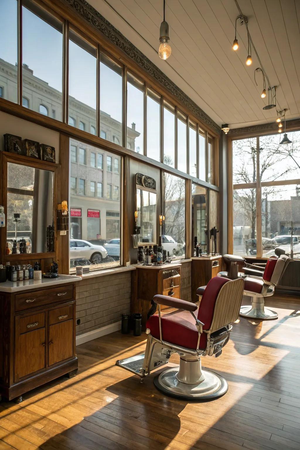 Natural light flooding a barbershop, creating an open and airy environment.