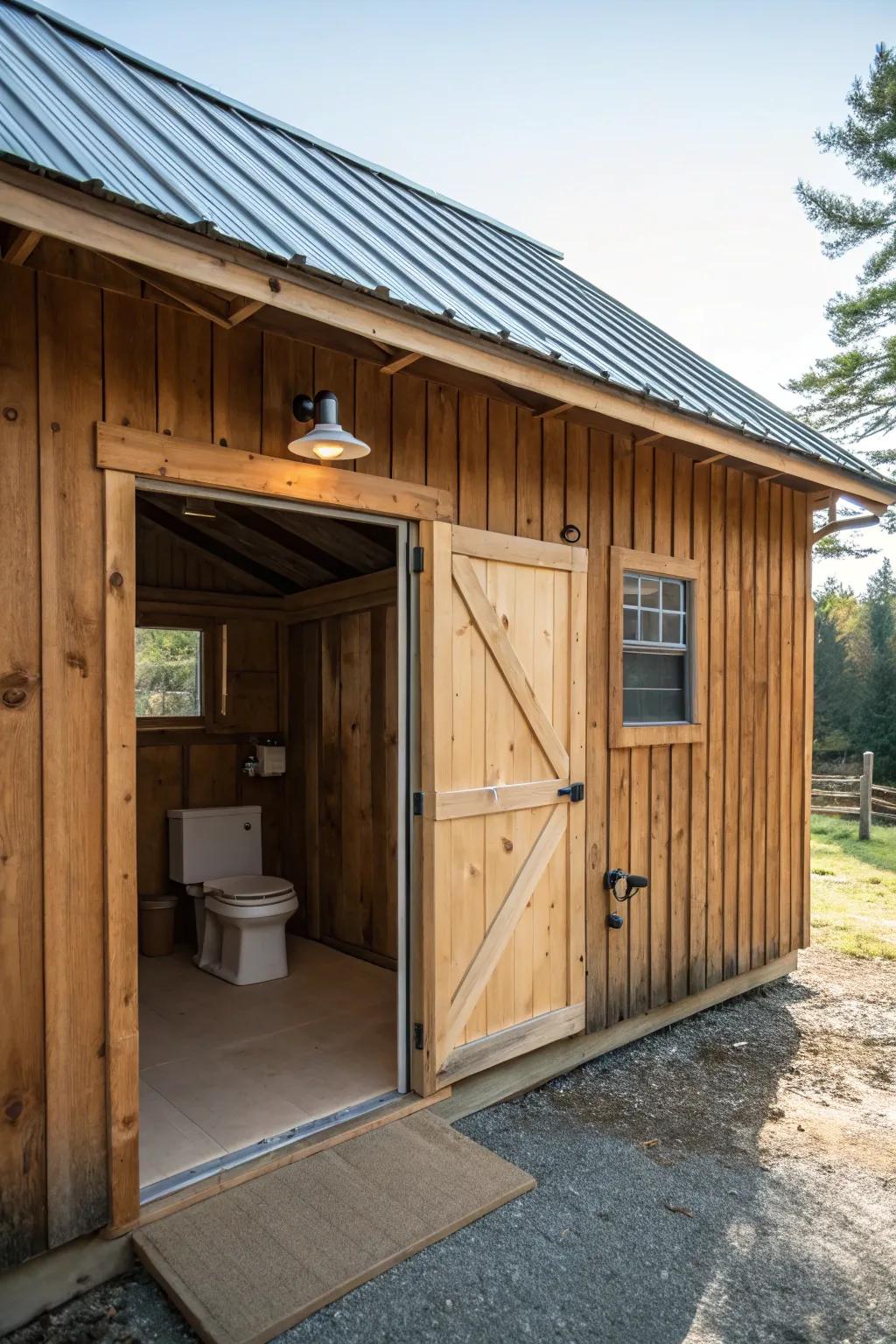 A compact bathroom enhances the functionality of this barn garage.