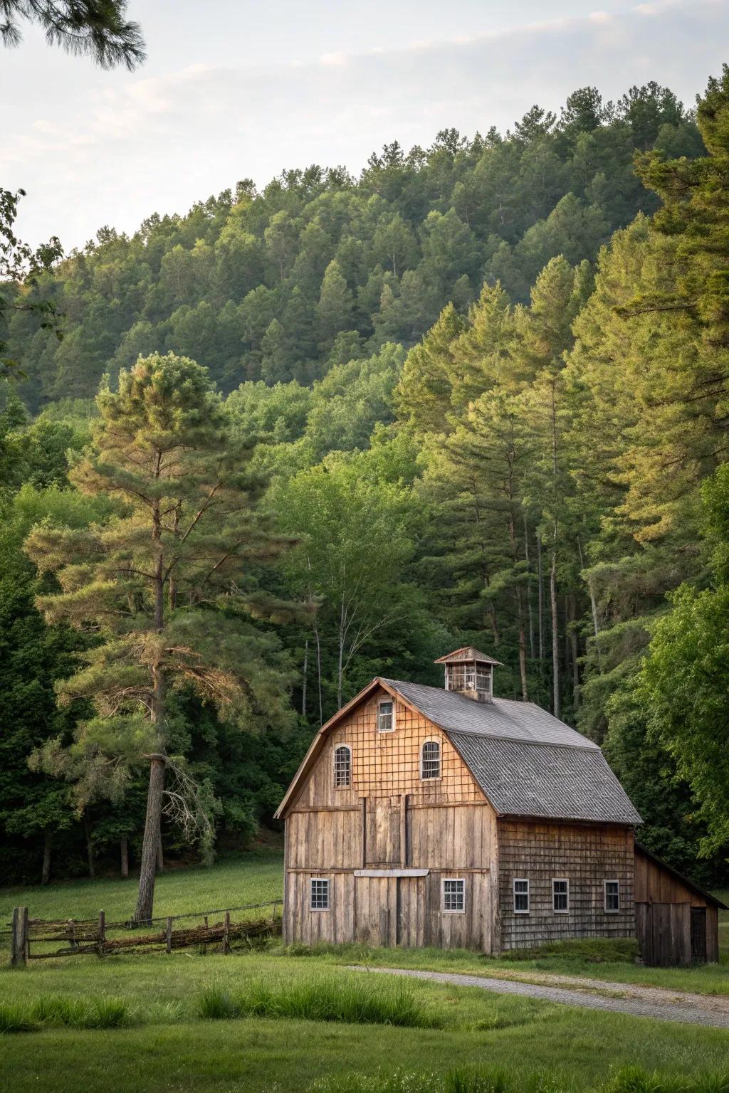 A barn adorned with cedar shake siding, integrating beautifully with nature.