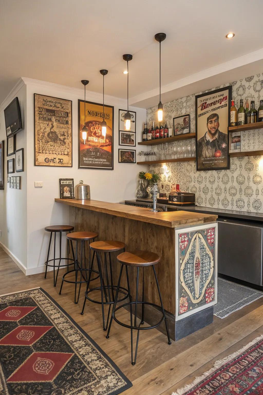 An eclectic mix of styles creates a welcoming and distinctive bar area.