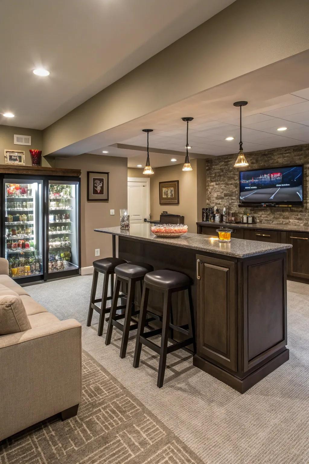 A chic beverage station enhances the entertainment appeal of this basement.