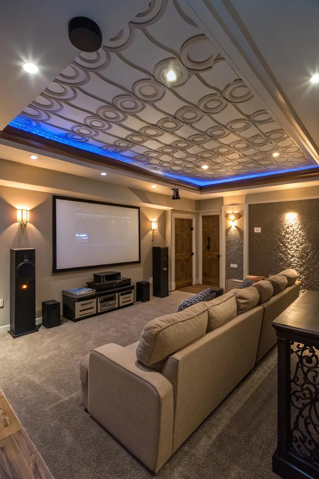 A creatively designed ceiling can dramatically enhance the media room's style.