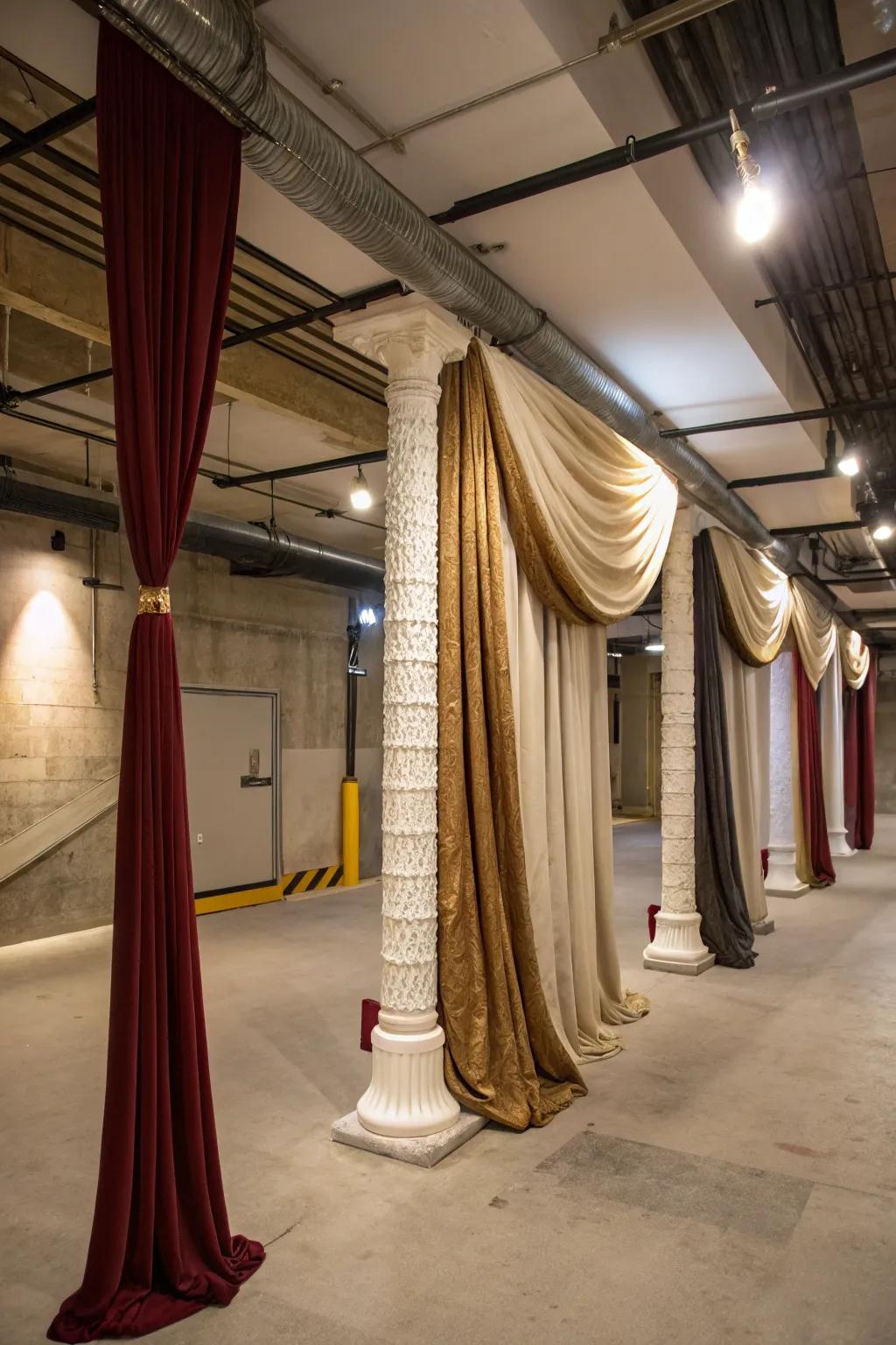 Textiles add softness and luxury to basement poles.