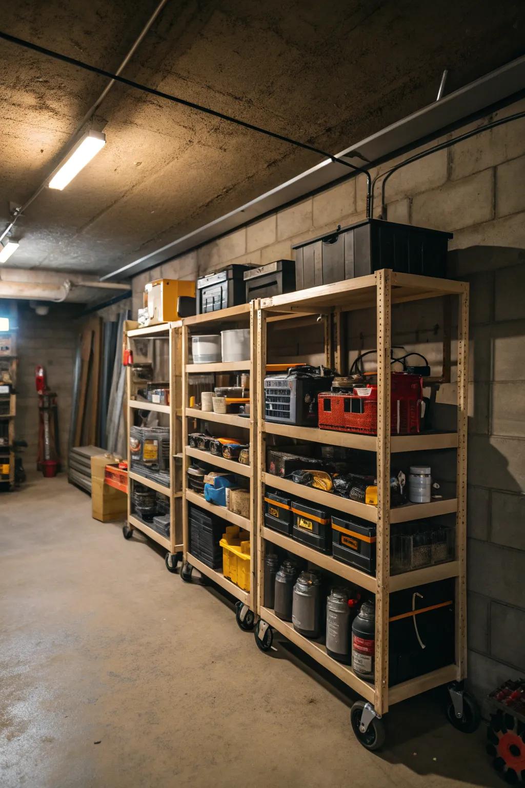 Rolling shelves provide easy access and mobility for larger items.