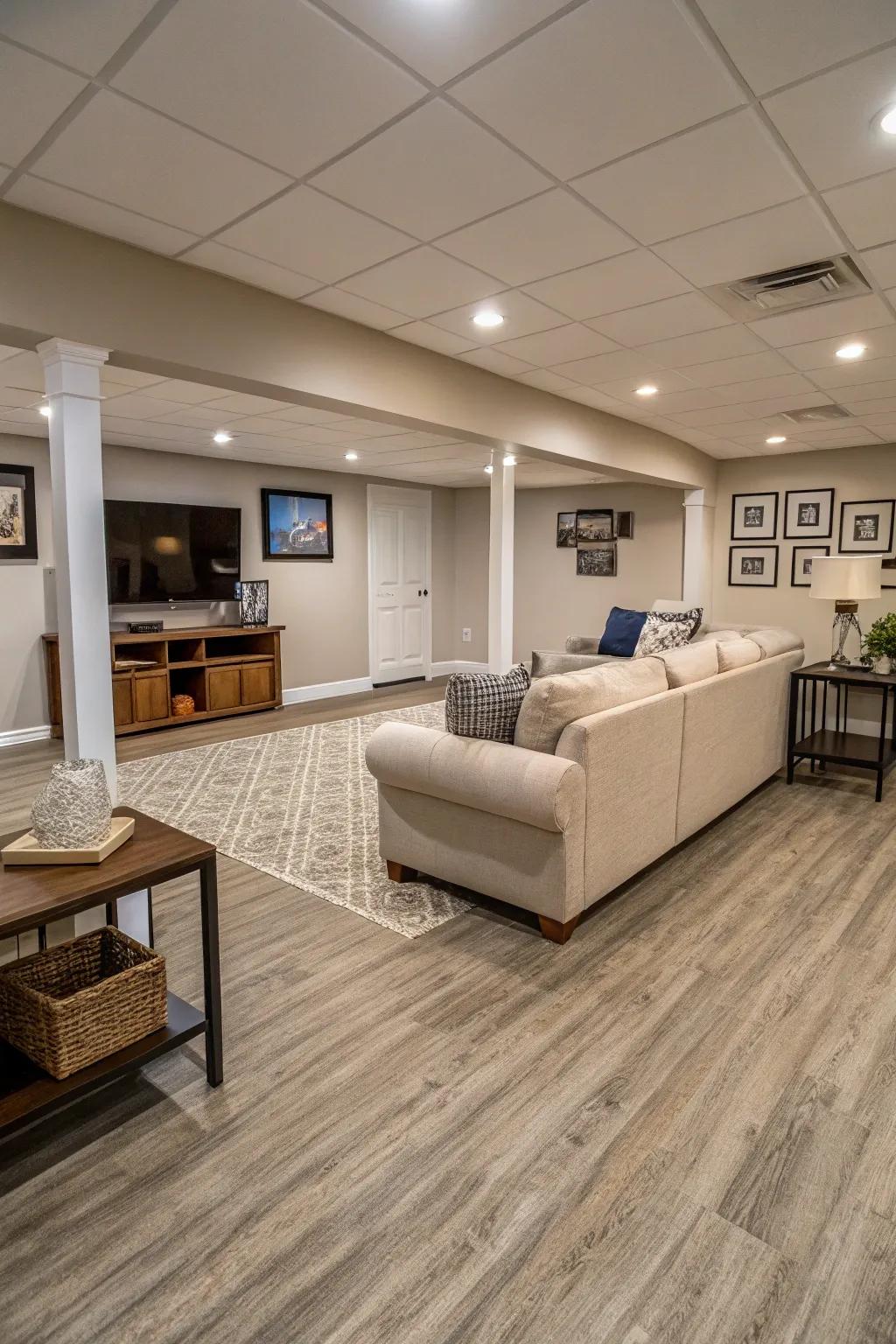Neutral-toned vinyl flooring is versatile and adaptable.