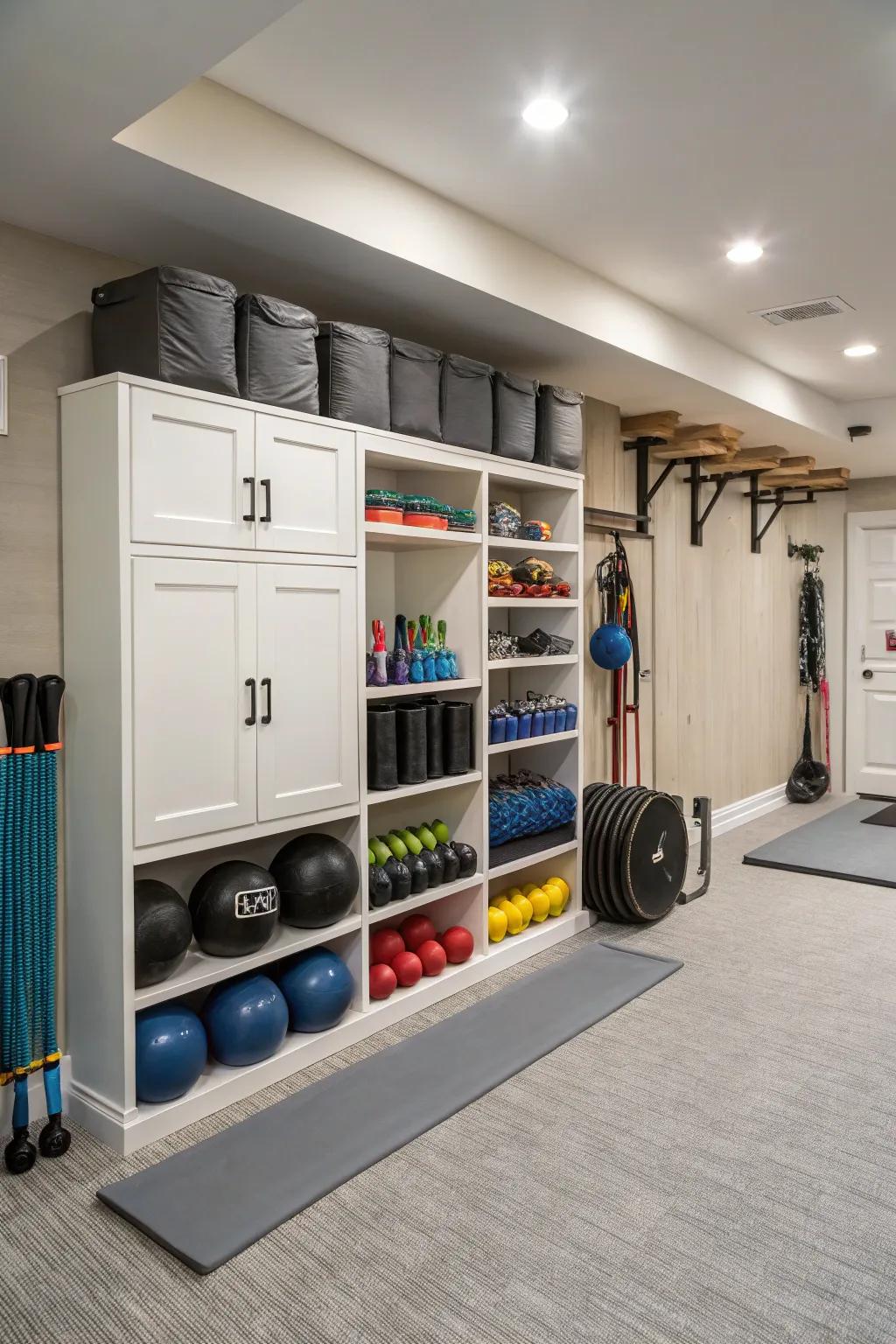 Smart storage solutions keep your workout space tidy and efficient.