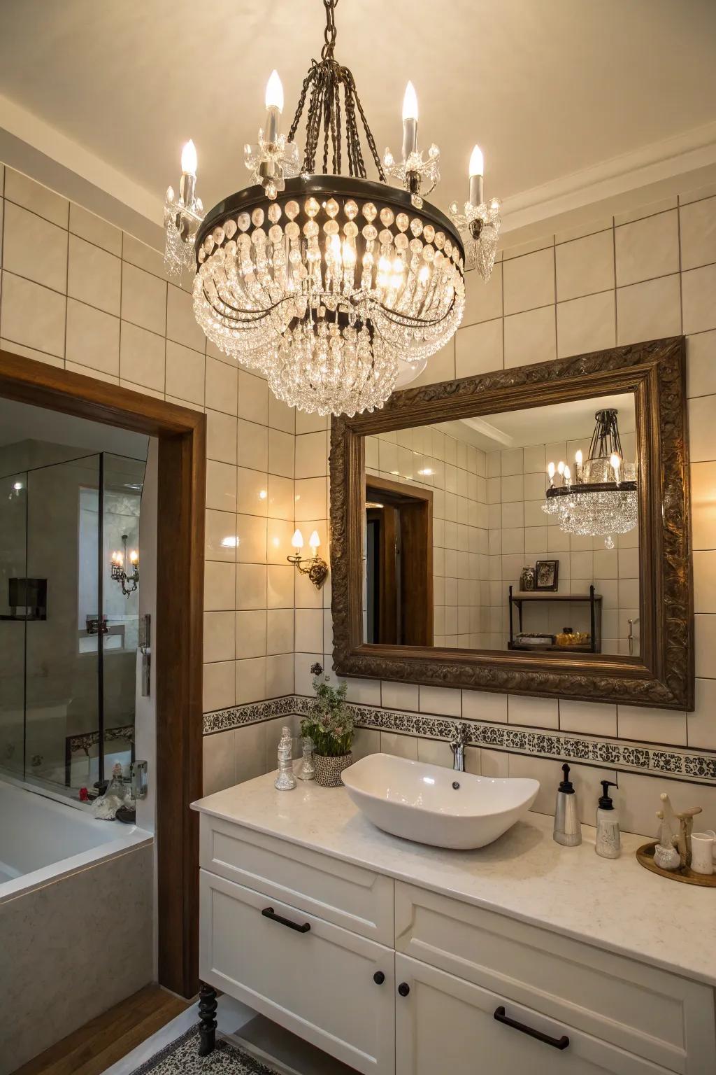 A bathroom with a decorative chandelier that adds elegance.