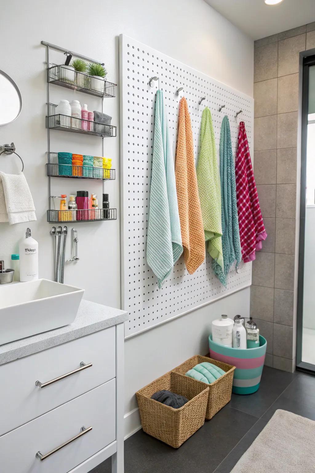 Pegboards offer customizable and flexible towel storage.