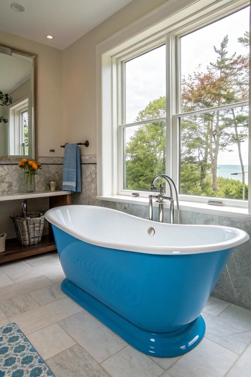 A bright blue bathtub makes a striking statement in this bathroom.