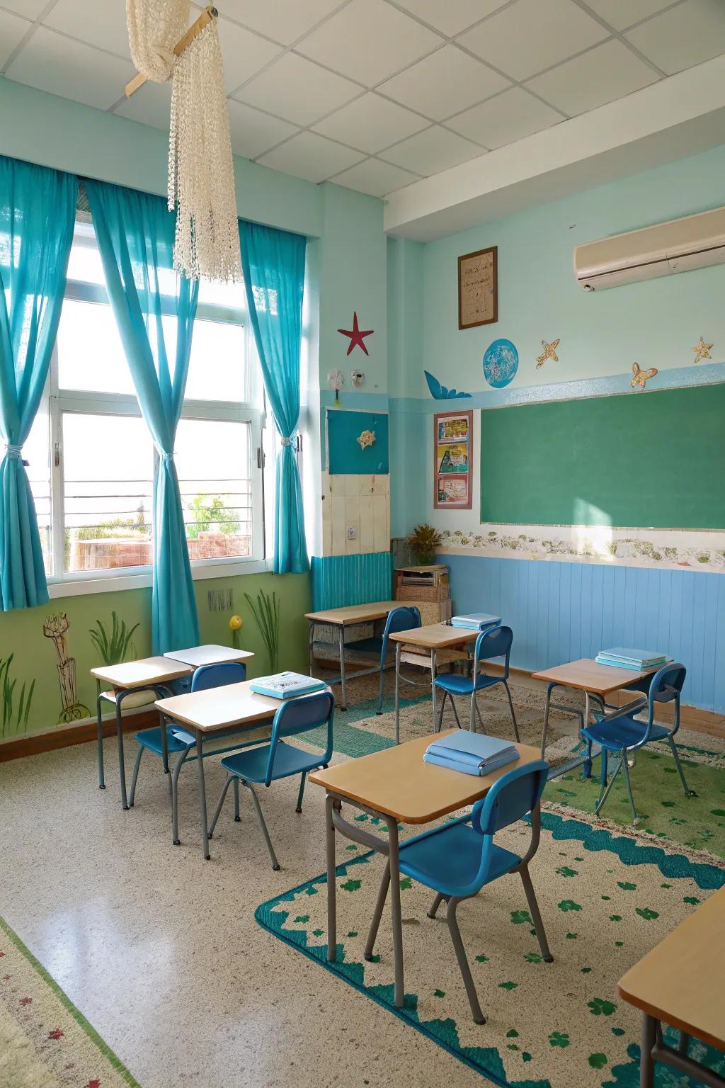 A soothing seaside color palette transforms the classroom into a calm oasis.