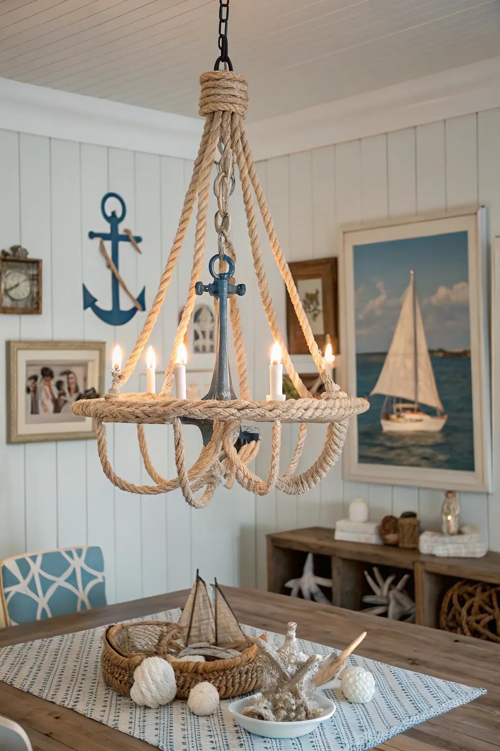 A nautical light fixture enhances the coastal theme.