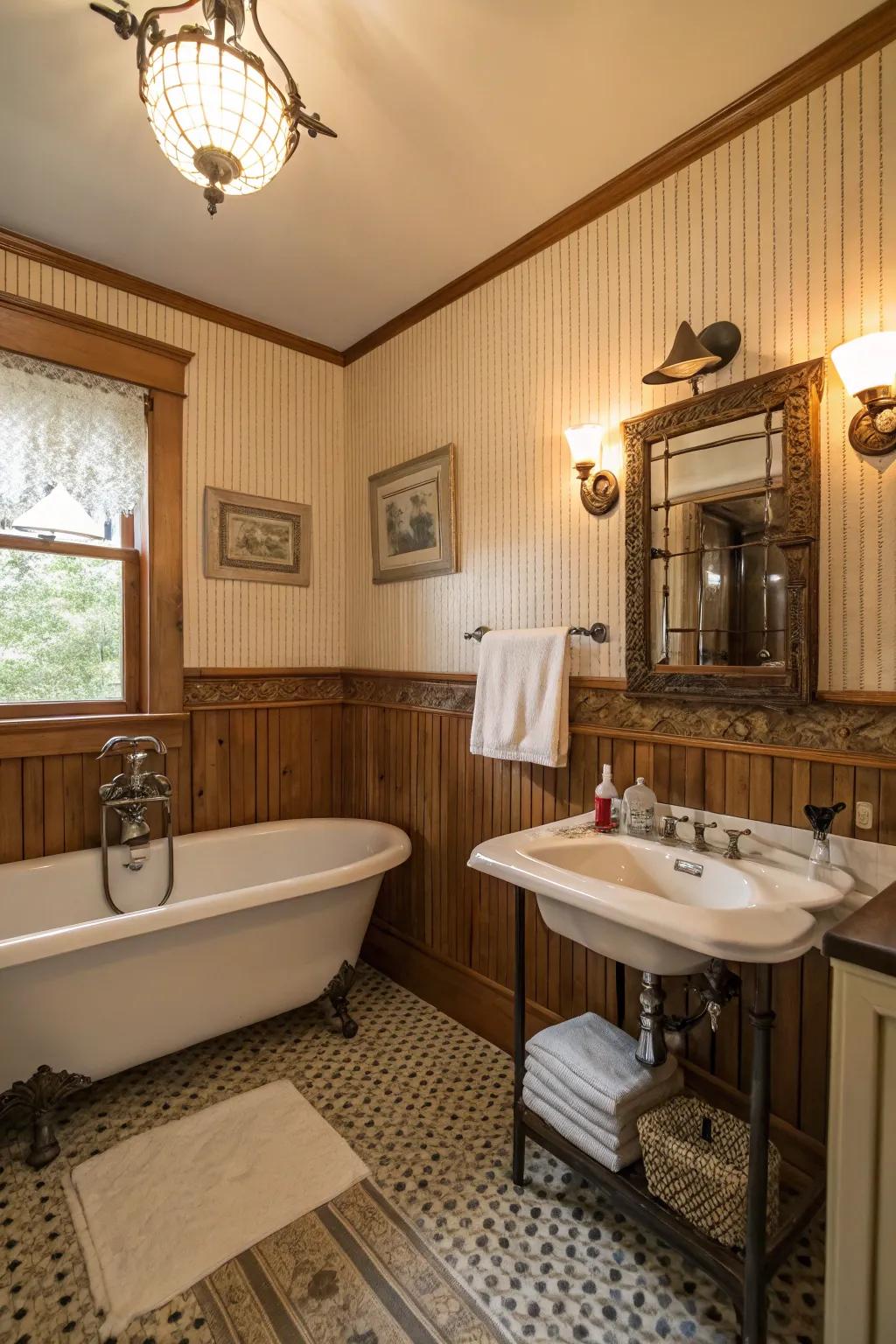 Beadboard and retro fixtures evoke vintage charm.