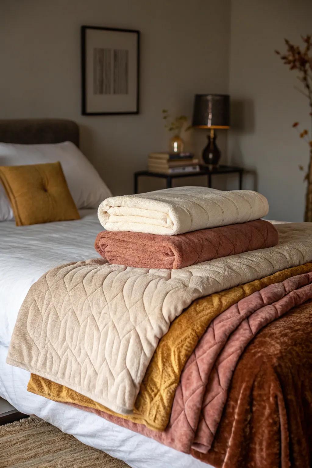 Layered blankets add warmth and style to a bed.