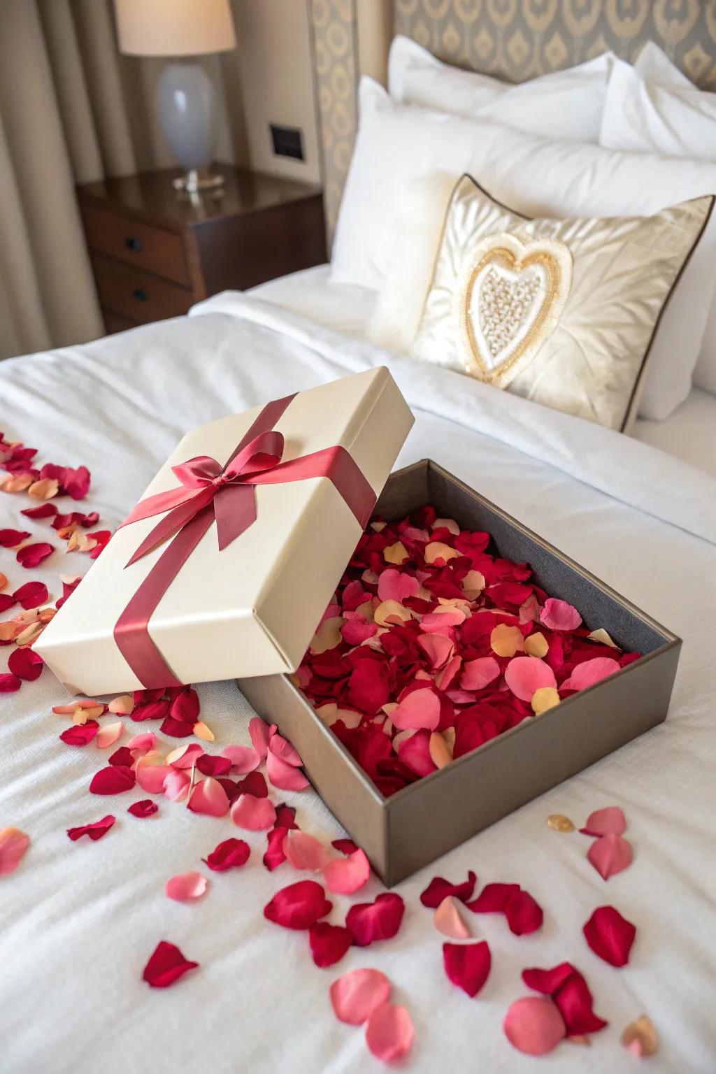 A gift box with rose petals spilling out, enhancing the surprise with romantic flair.