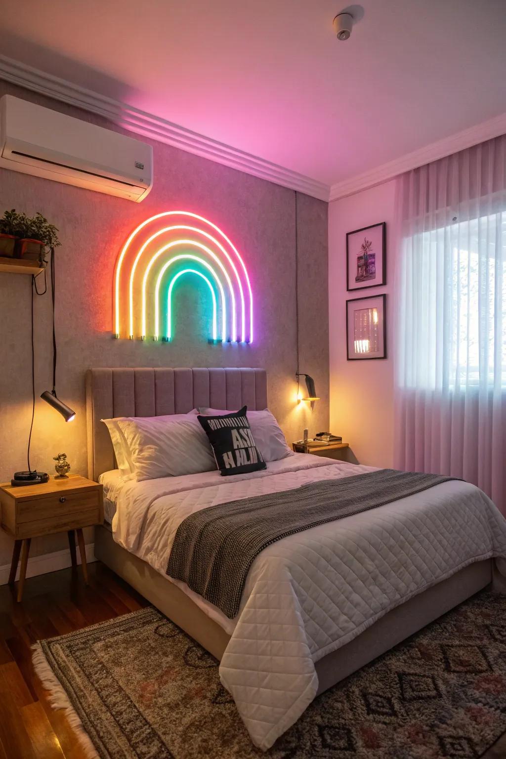 Neon lights add a playful pop of color to any bedroom.