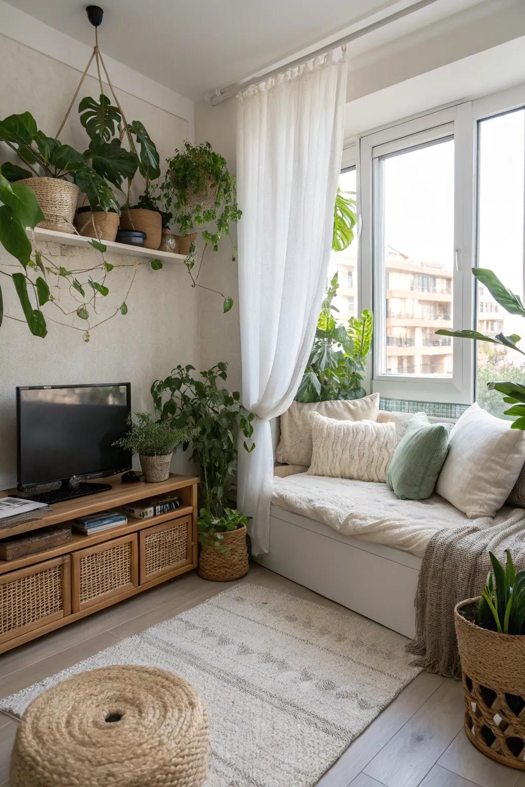 Greenery adds a fresh, natural touch to your bedroom TV area.