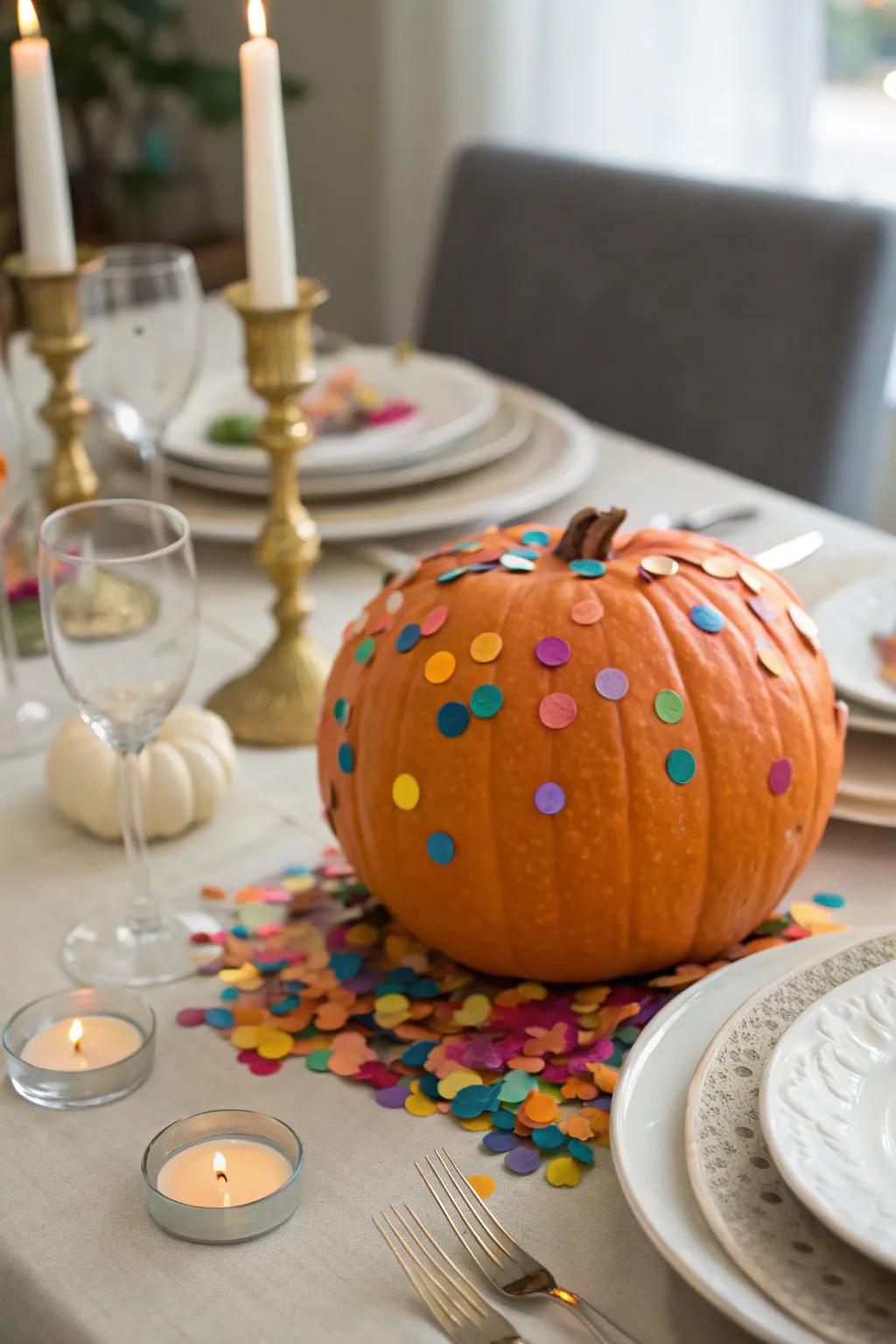 Celebrate with confetti-covered pumpkins.