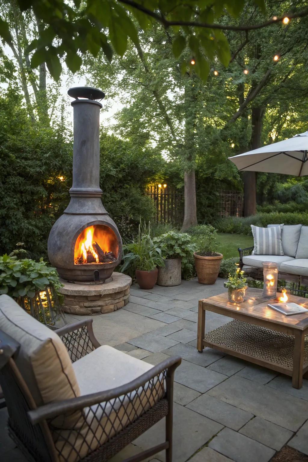 A chiminea adds rustic charm and warmth to any patio setting.