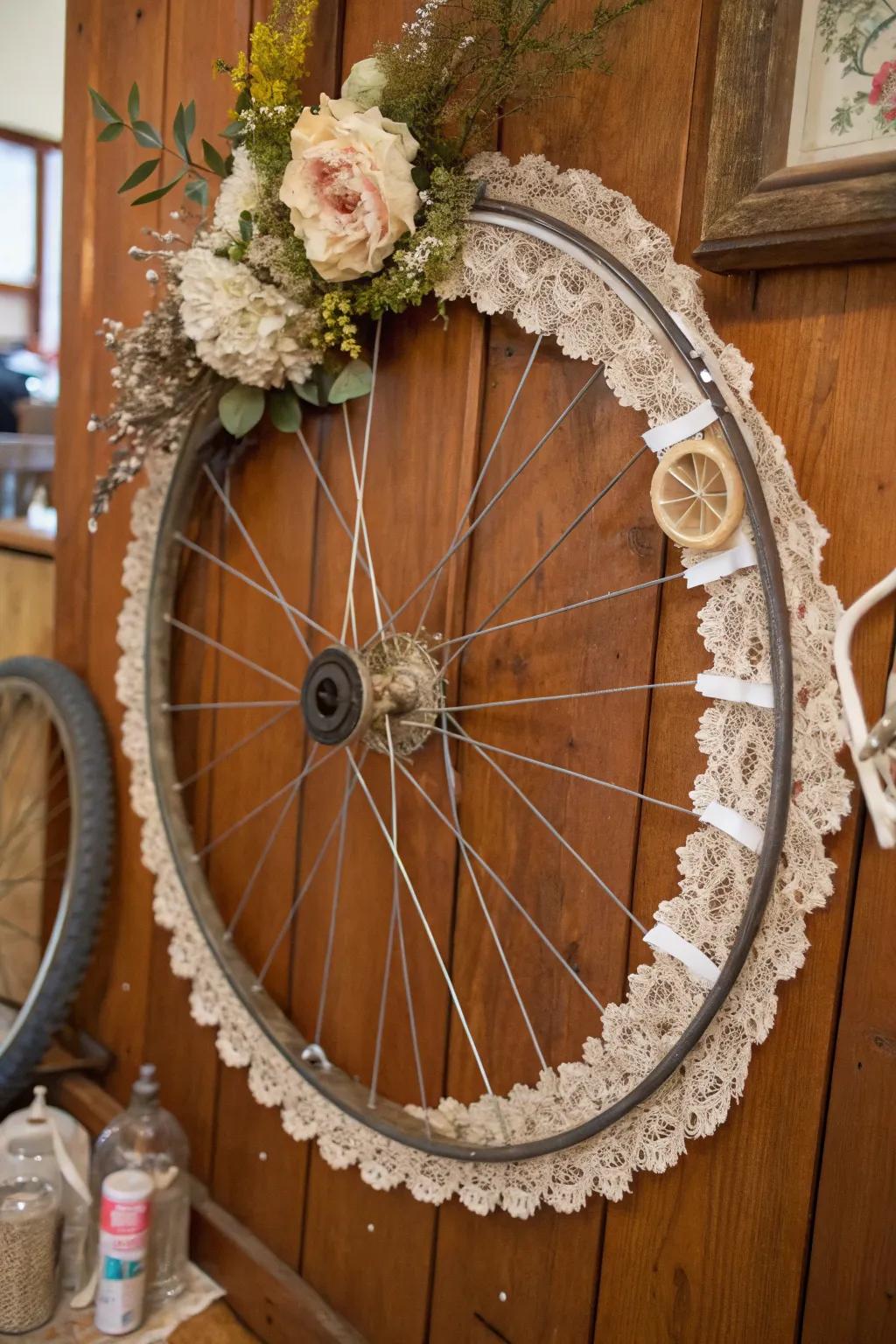 A vintage bicycle wreath with lace and trinkets for a nostalgic charm.