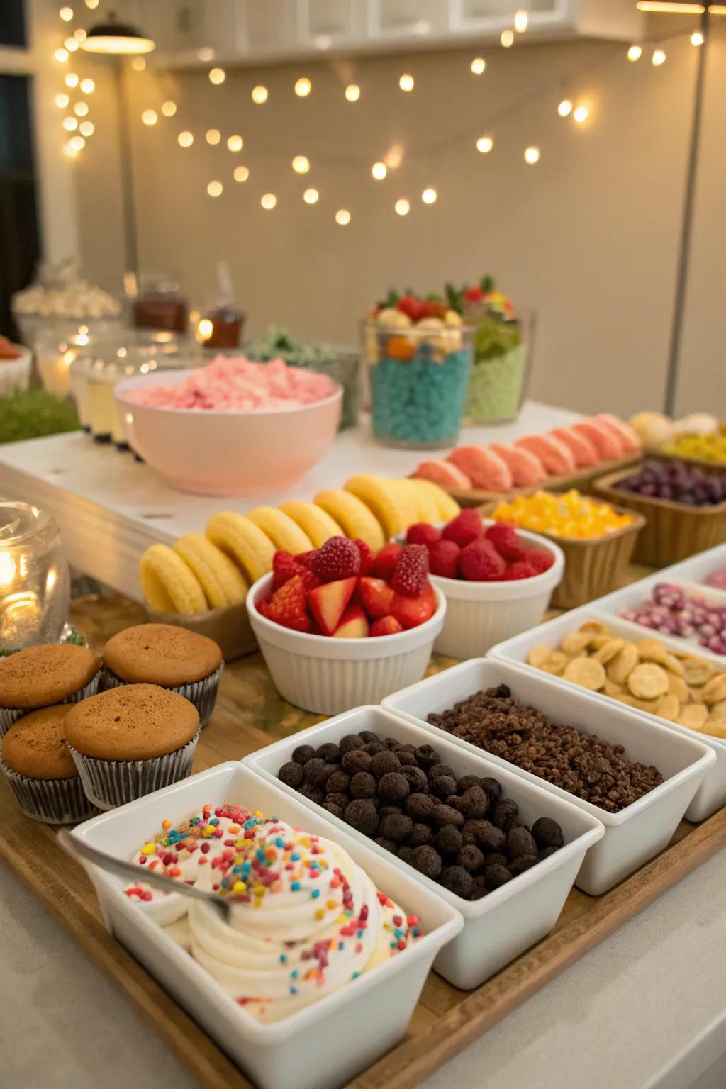 A DIY dessert bar with an assortment of toppings and sweets.