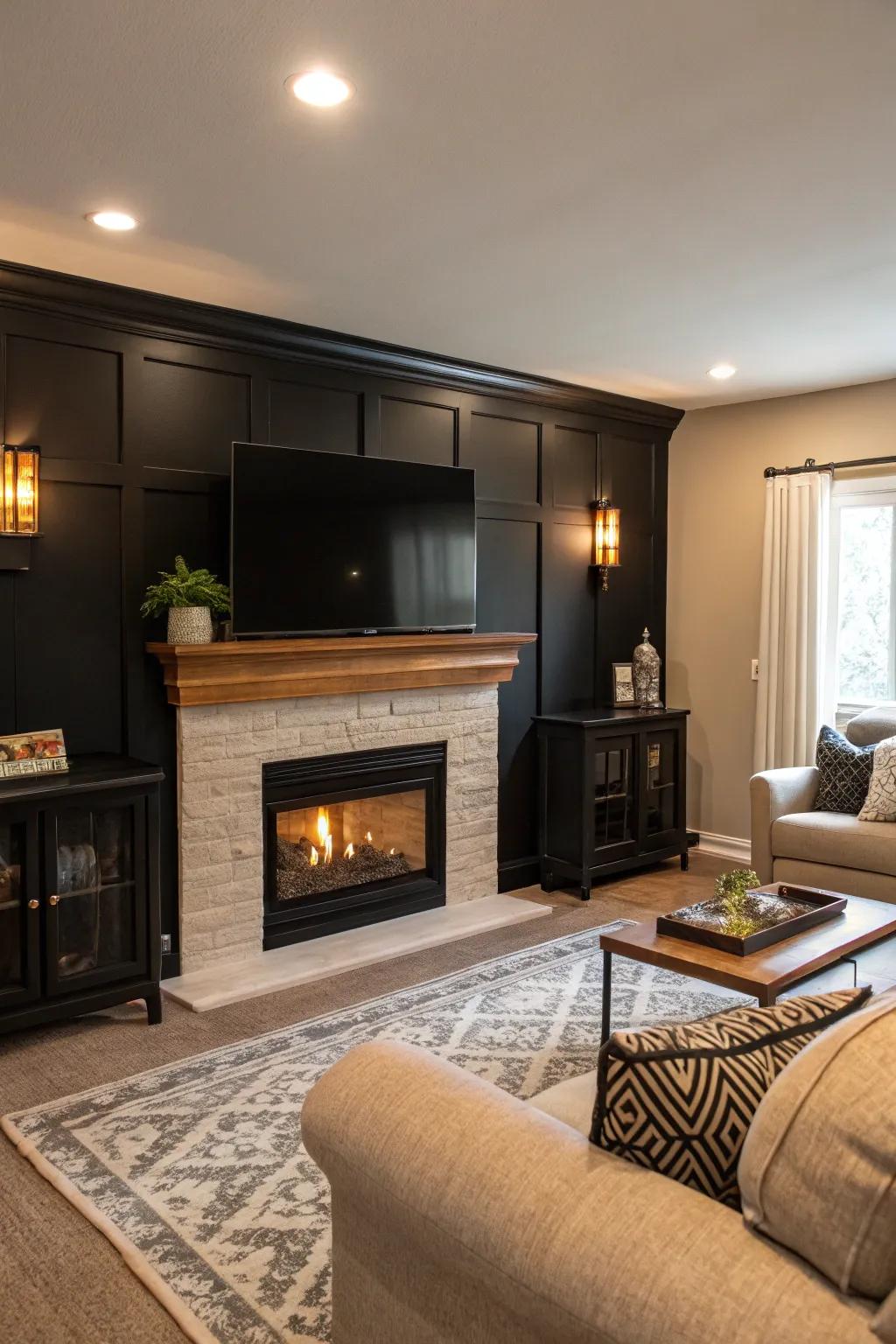 A fireplace adds warmth and luxury to a black accent wall.