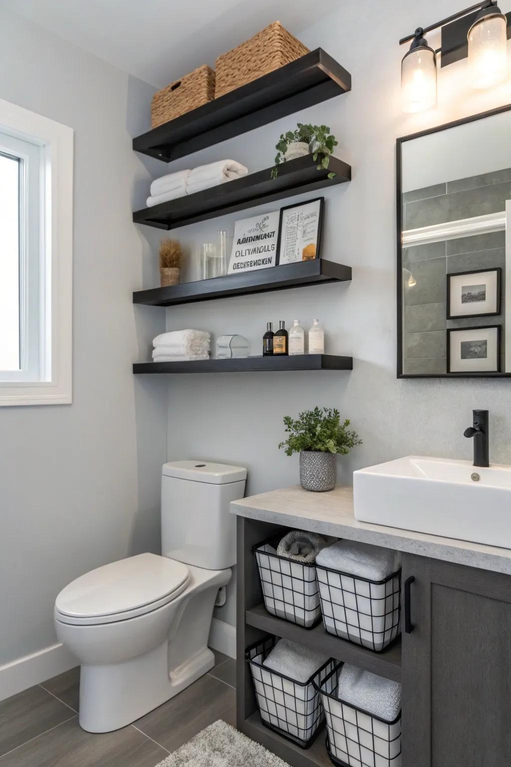 A bathroom featuring floating shelves that blend style with functionality.