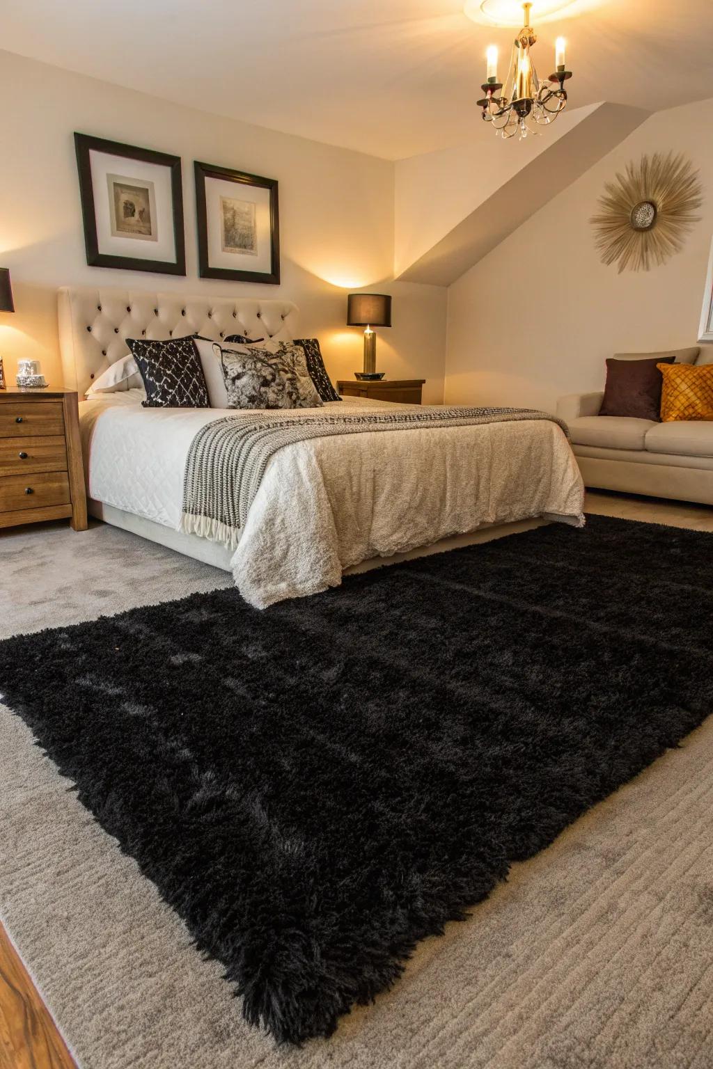 A bedroom with a luxurious black rug adding warmth.