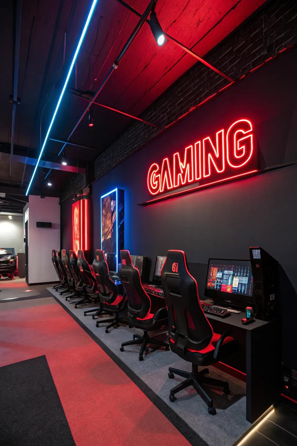 A neon sign adds a touch of flair and modern twist to the gaming room.