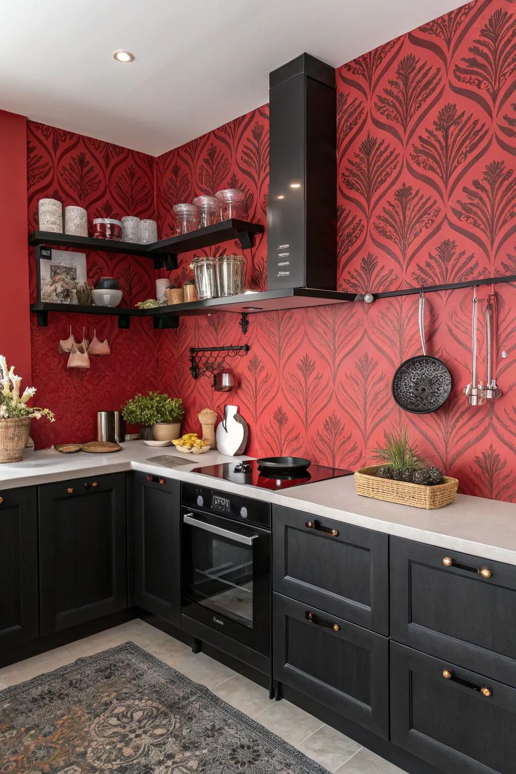 Red-themed wallpaper adds artistic decoration to the kitchen.