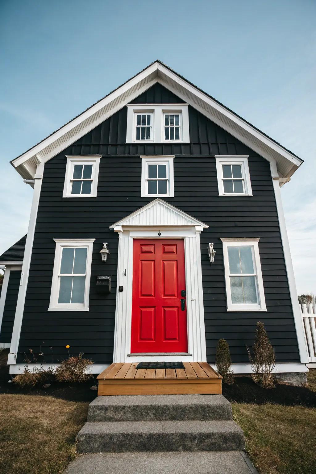 A bold front door adds a striking contrast to this exterior.