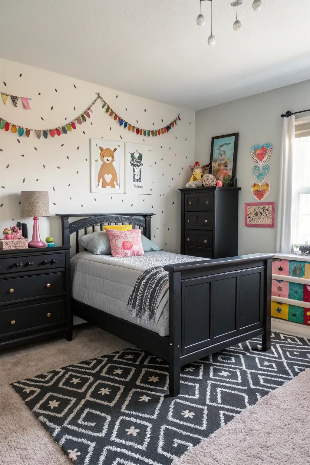 Playful decor elements bring a lighthearted touch to this black-themed bedroom.