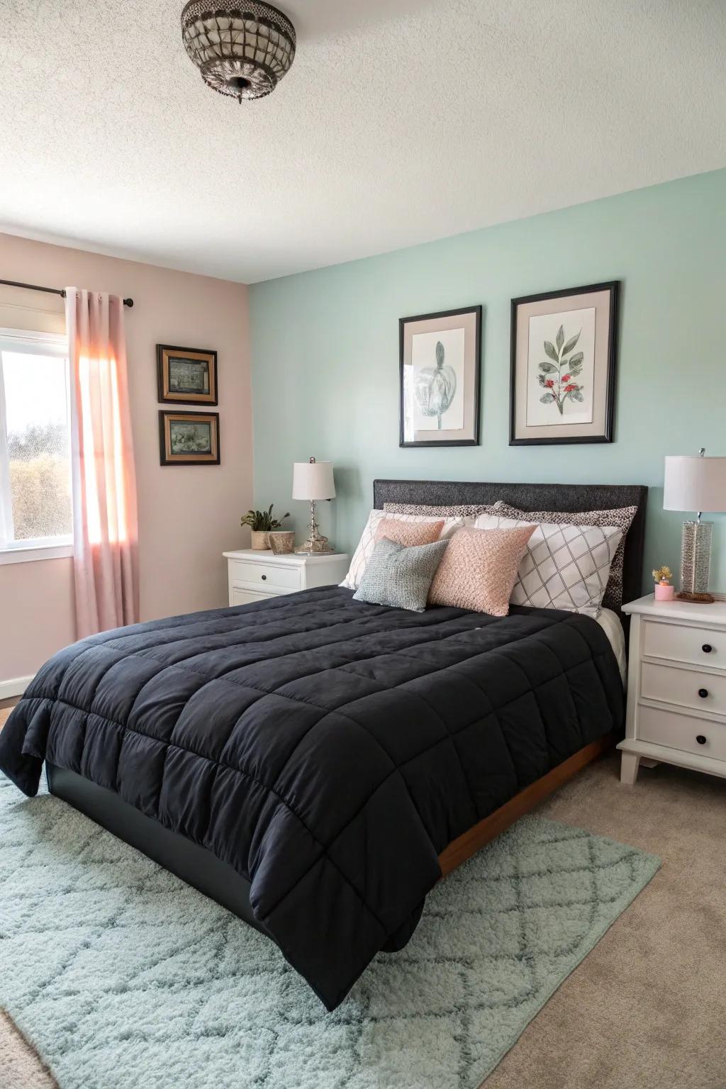 A harmonious bedroom with a balanced palette and bold comforter.