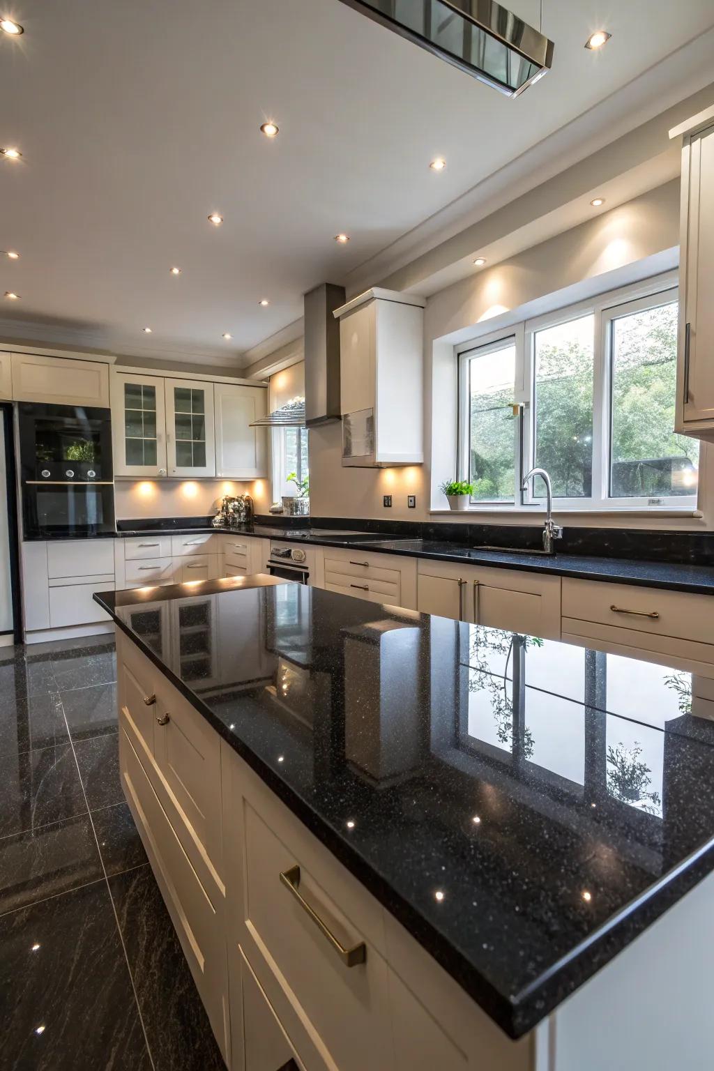 Reflective surfaces brighten up black countertops.