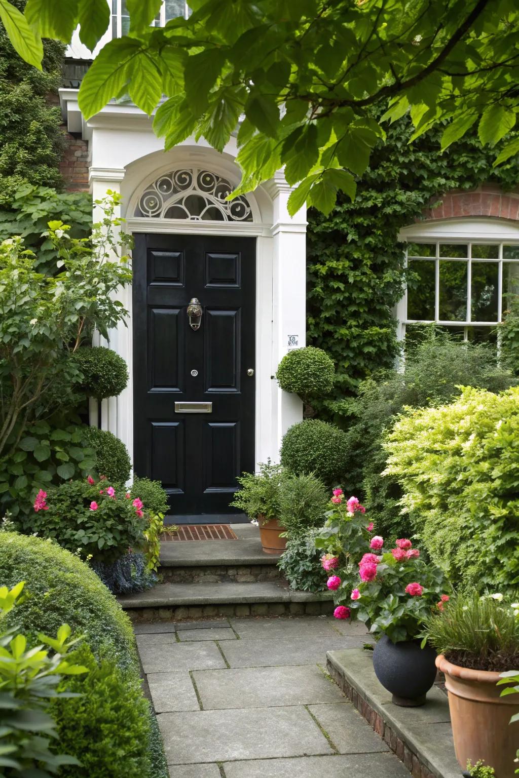 Lush greenery softens the bold contrast of a black door with white trim.