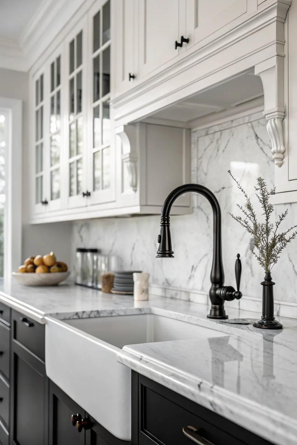 The classic contrast of black and white is elevated with the addition of this black faucet.