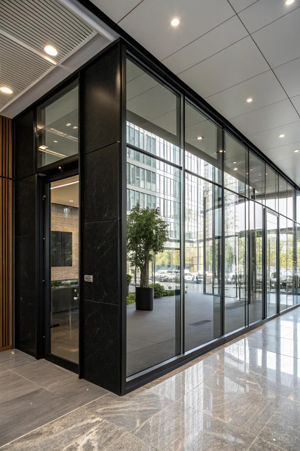 Glass elements bring elegance and lightness to a black office.