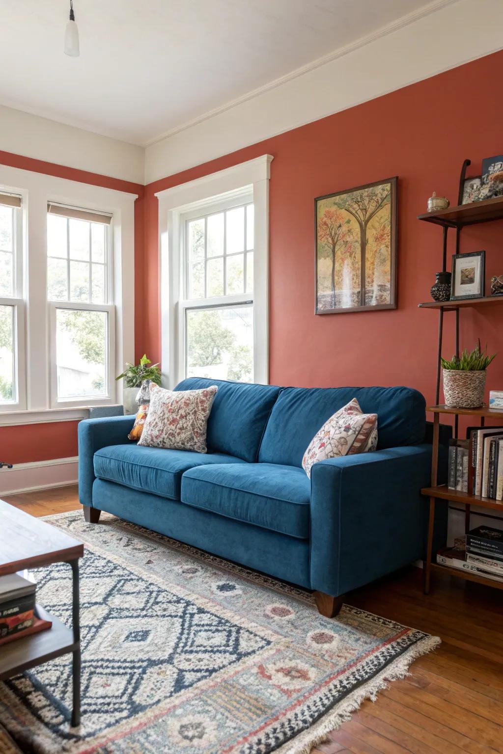 A bold accent wall makes the blue couch stand out dramatically.