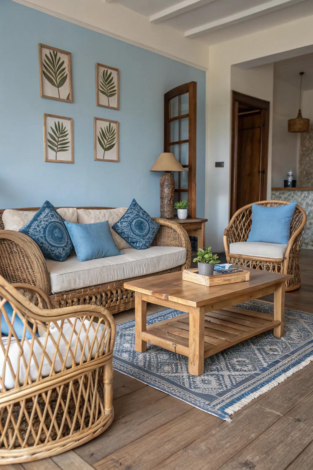 A harmonious blend of blue decor and natural textures.