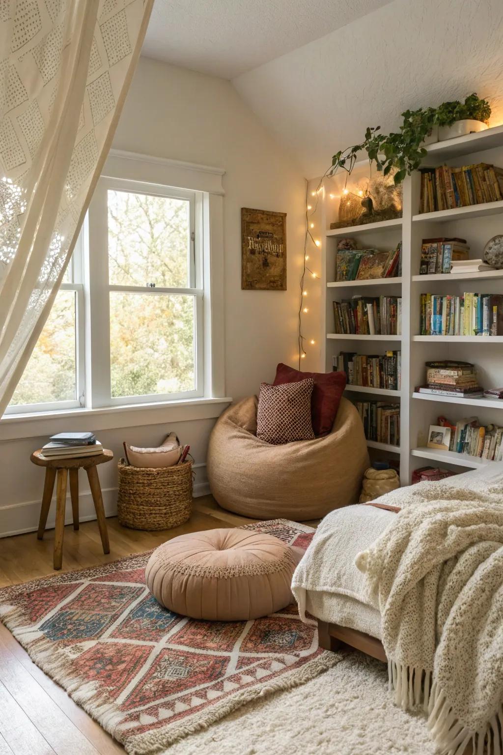 A cozy reading nook with comfortable seating is a perfect retreat in this boho bedroom.