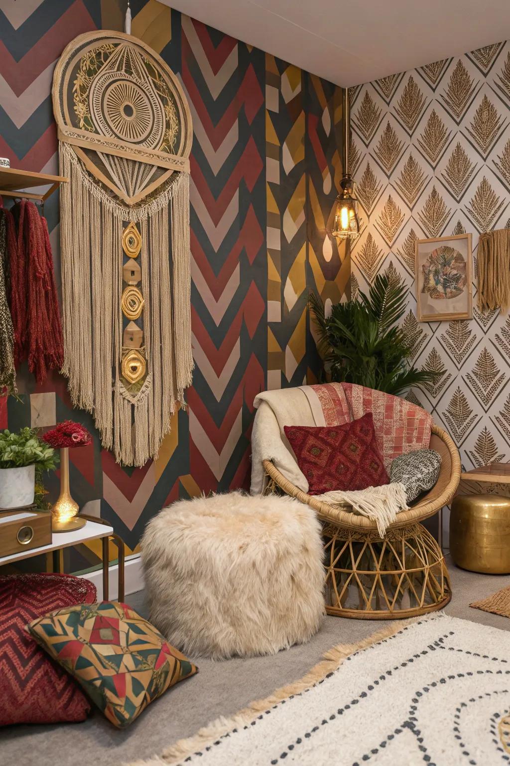 Bold wallpaper adds drama and flair to the boho glam decor.