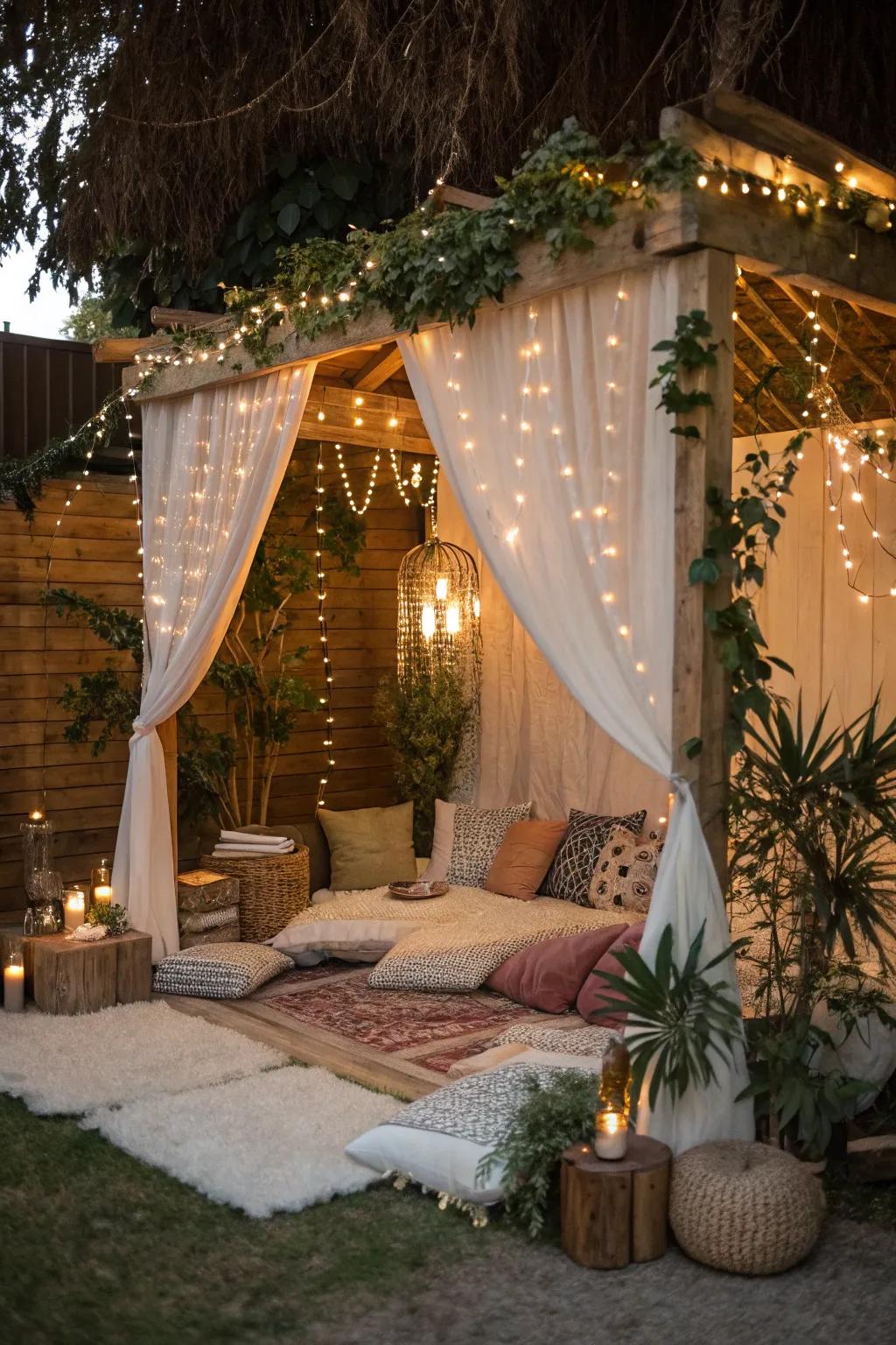 Whimsical fairy lights creating a magical ambiance in a bohemian alcove.